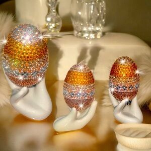 Gold Crystal Rhinestone Luxury Easter Egg W/Ceramic Egg Hand Holder, Easter Gift